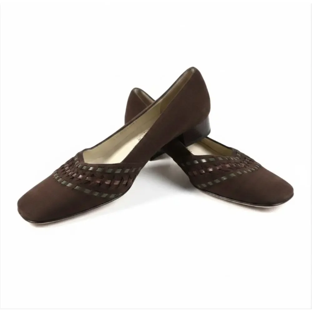 SALVATORE FERRAGAMO Suede Woven Flats Sz 8B Brown Classic Timeless Made In Italy